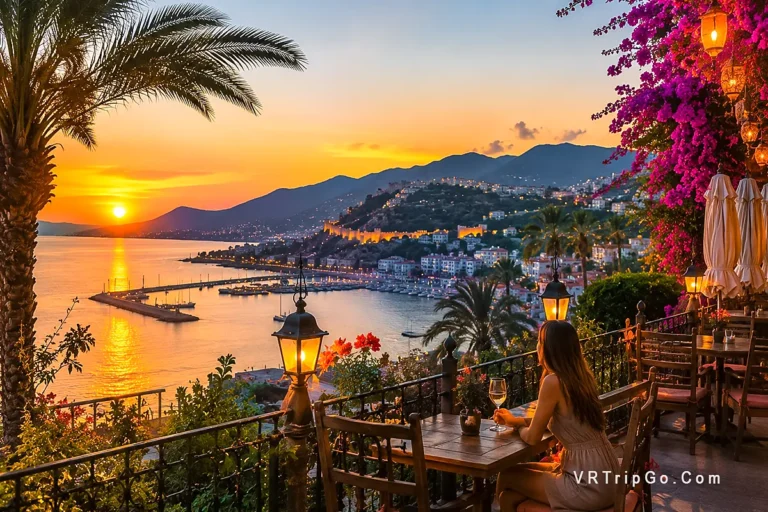 Alanya Travel Guide with scenic sunset view over harbor, coastline and mountains, beautiful city landscape and travel inspiration in Alanya Turkey