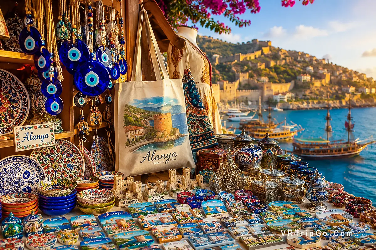 Best souvenirs in Alanya with colorful Turkish ceramics, evil eye charms and handmade gifts at local market, traditional shopping experience in Alanya Turkey