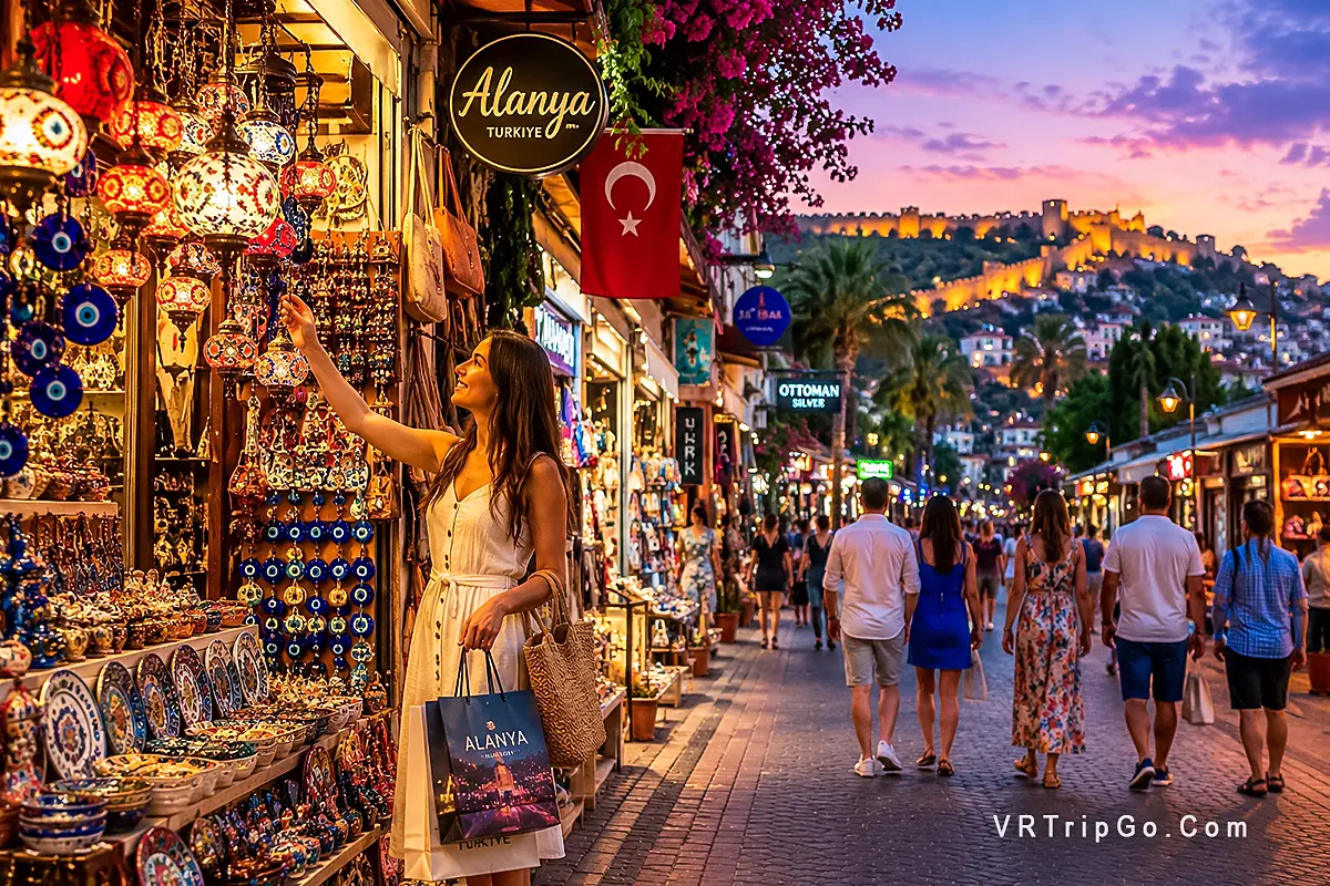 Shopping in Alanya with vibrant street market, Turkish lamps, souvenirs and tourists exploring local shops, lively shopping experience in Alanya Turkey