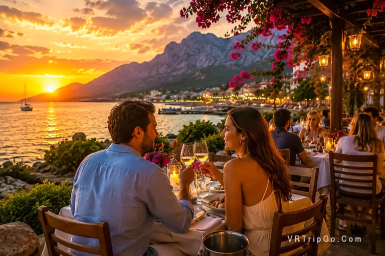 Best Restaurants in Kemer romantic sunset dinner by the sea with couples and mountain view