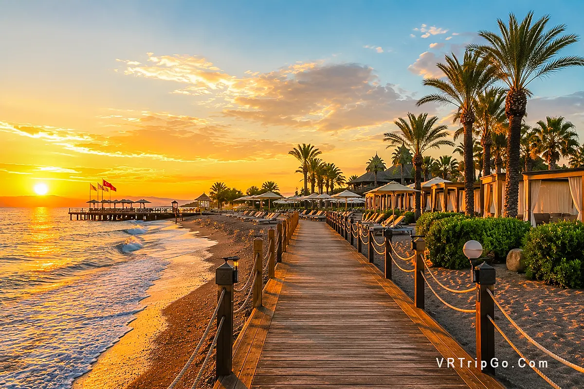 Best Time to Visit Belek luxury beach resort with sunset coastline and palm trees in Turkey
