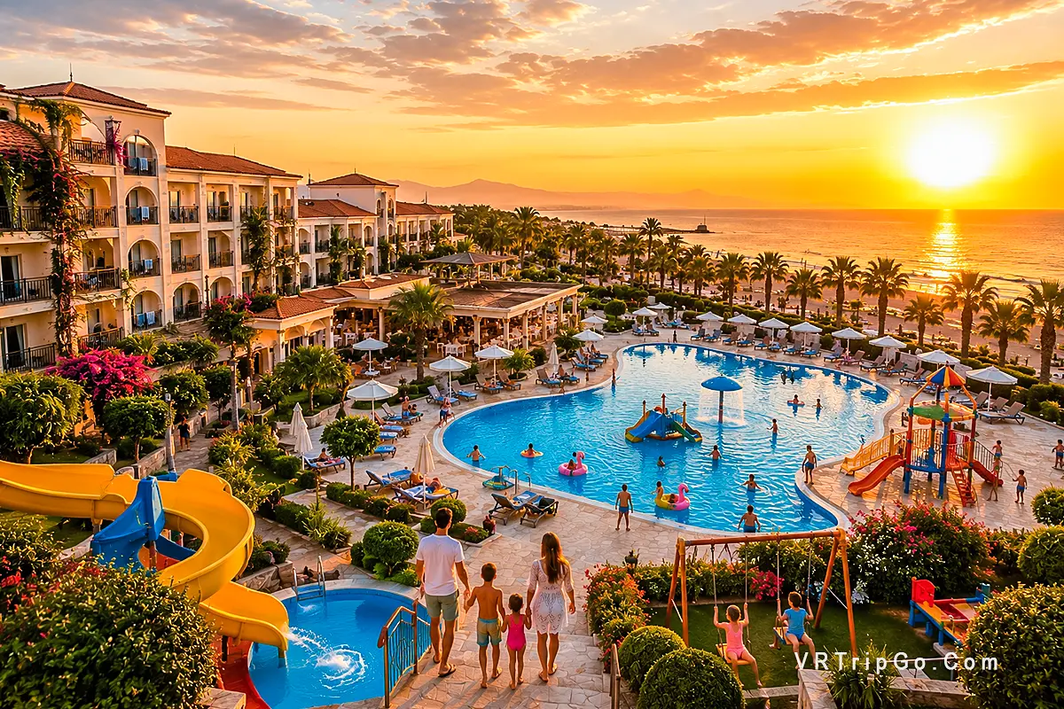 Best Family Hotels in Belek family beach resort with kids water park and sunset pool view in Turkey