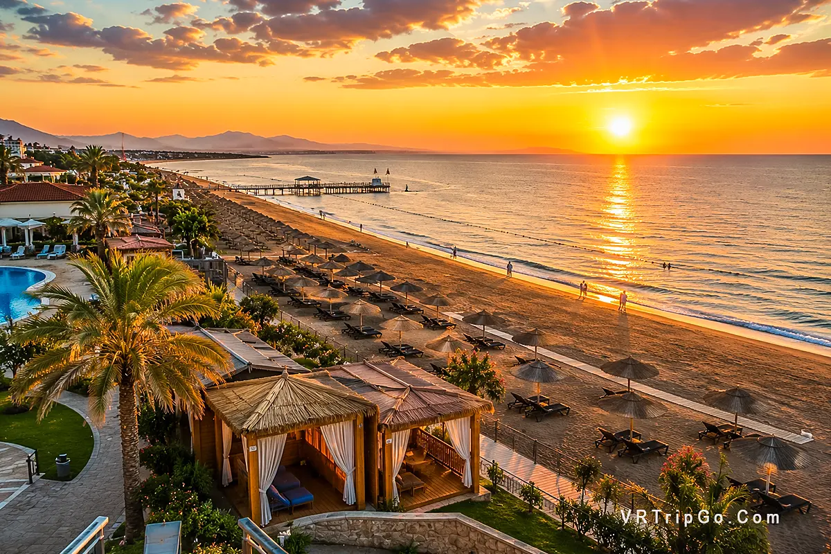 Best Beaches in Belek sandy beach with luxury resort coastline and sunset sea view in Turkey