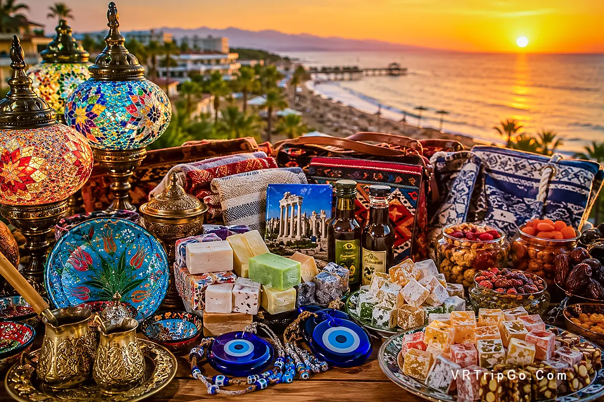 What to Bring Back from Belek traditional Turkish souvenirs and local sweets with sunset beach view in Turkey