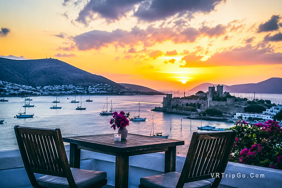Best Time to Visit Bodrum sunset view with marina and luxury seaside terrace in Turkey