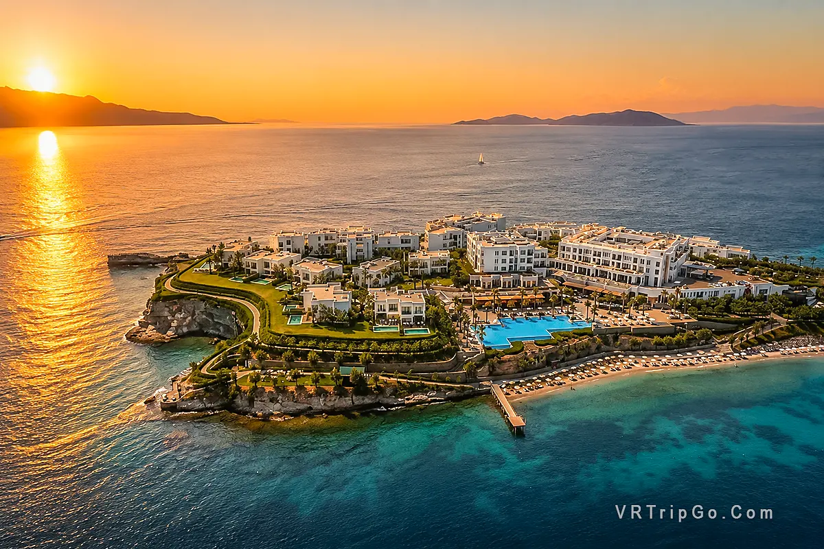Best Hotels in Bodrum luxury seaside resort aerial view at sunset with turquoise sea and private beach in Turkey