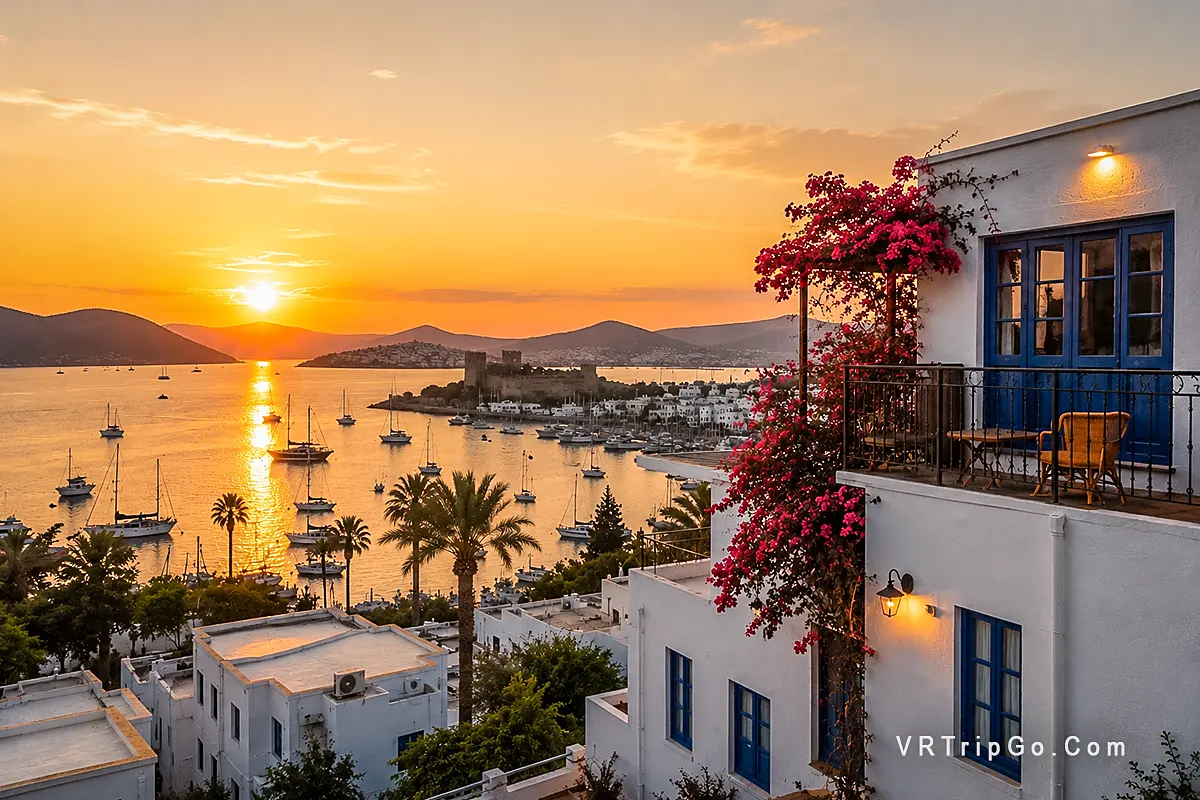Cheap Hotels in Bodrum sunset coastal view with affordable white boutique hotels and marina in Turkey