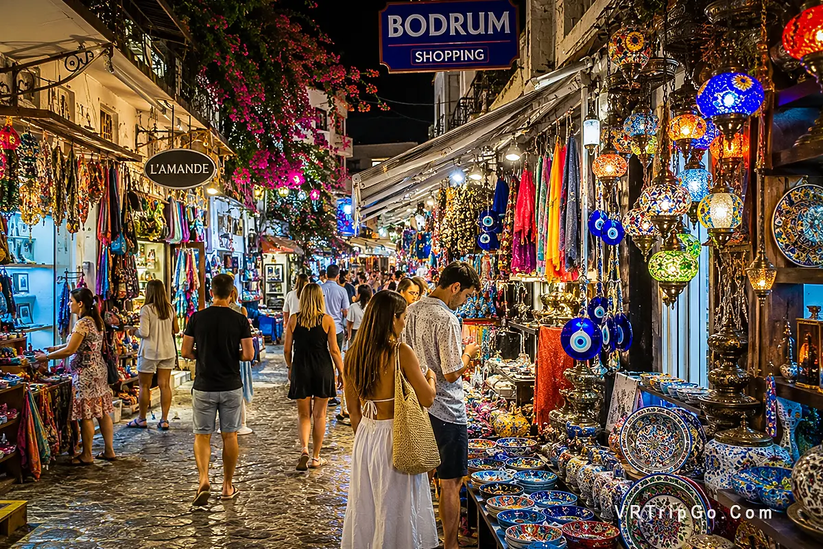 Shopping in Bodrum colorful Turkish bazaar with local souvenirs, lanterns and busy market street at night in Turkey