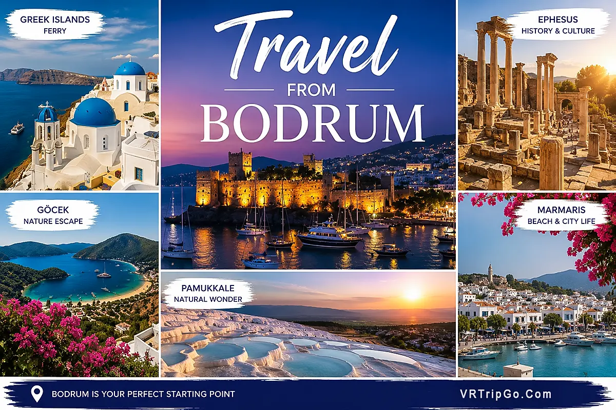 Travel from Bodrum collage with Greek islands, Pamukkale, Ephesus and coastal destinations from Turkey resort town