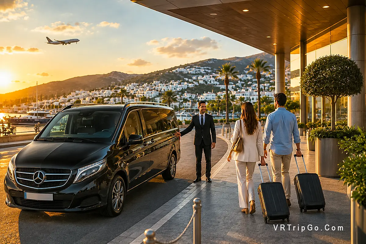 Bodrum Travel Guide luxury VIP airport transfer with private Mercedes shuttle and travelers arriving at sunset in Turkey