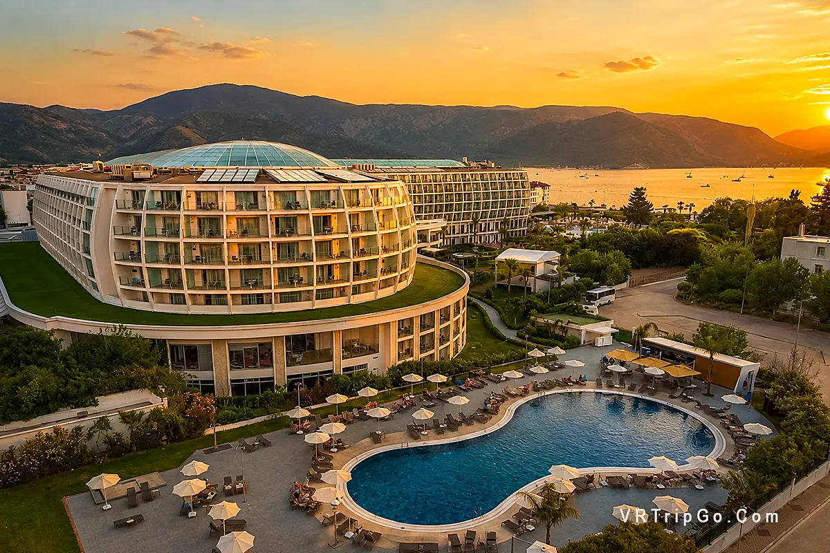 Best Hotels in Marmaris luxury beachfront resort at sunset with pool and sea view