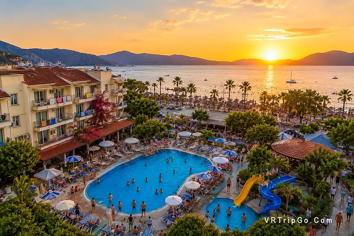 Best Family Hotels in Marmaris family resort with kids pool and beach at sunset