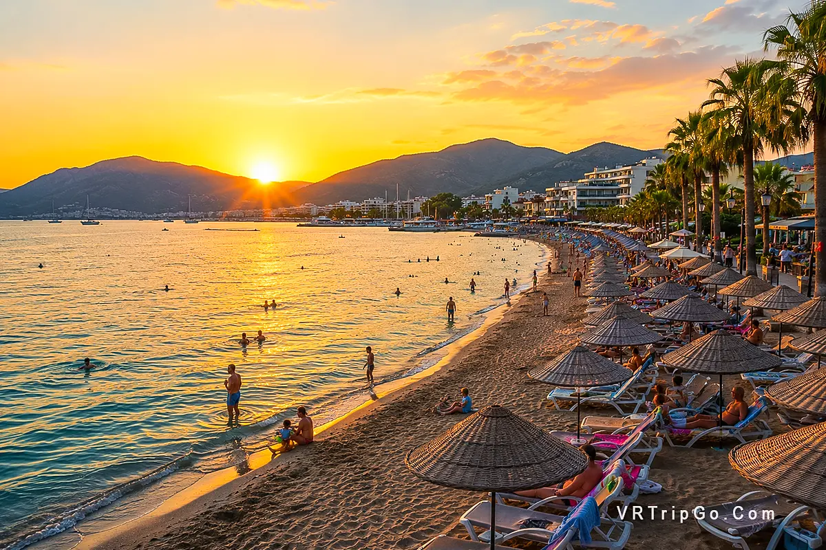 Best Beaches in Marmaris sandy beach with turquoise sea and sunset promenade view