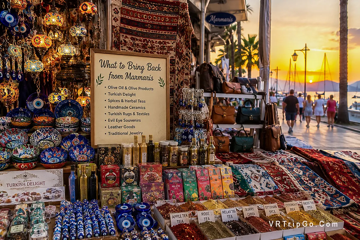 What to Bring Back from Marmaris traditional Turkish souvenirs and local market near the marina at sunset