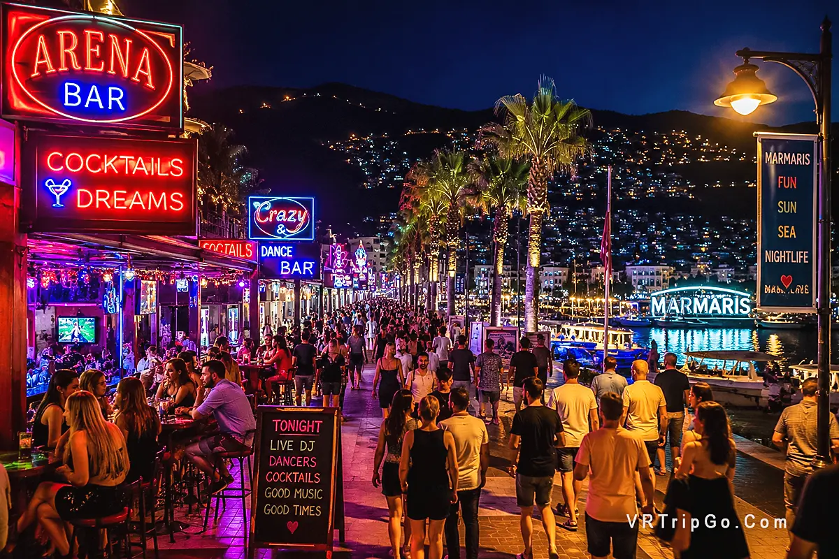 Nightlife in Marmaris vibrant marina bars and crowded nightlife street at night