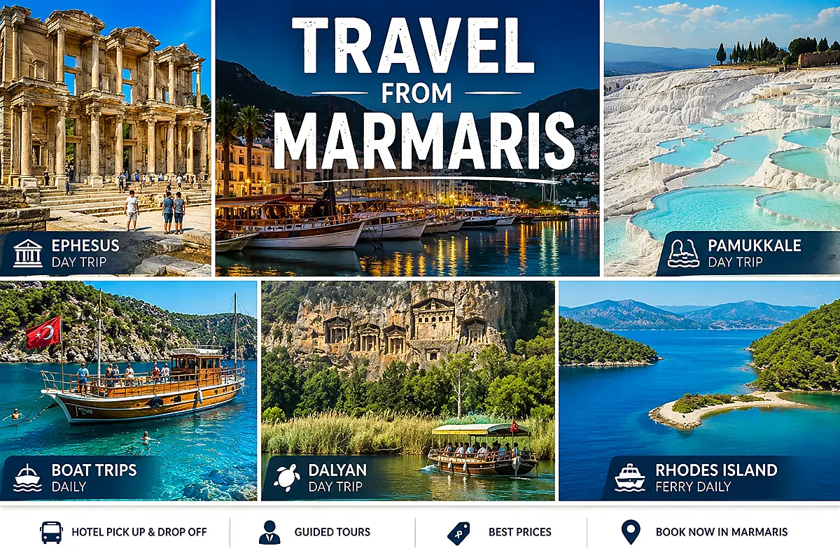 Travel from Marmaris collage with Pamukkale Ephesus Dalyan Rhodes Island and boat trip tours