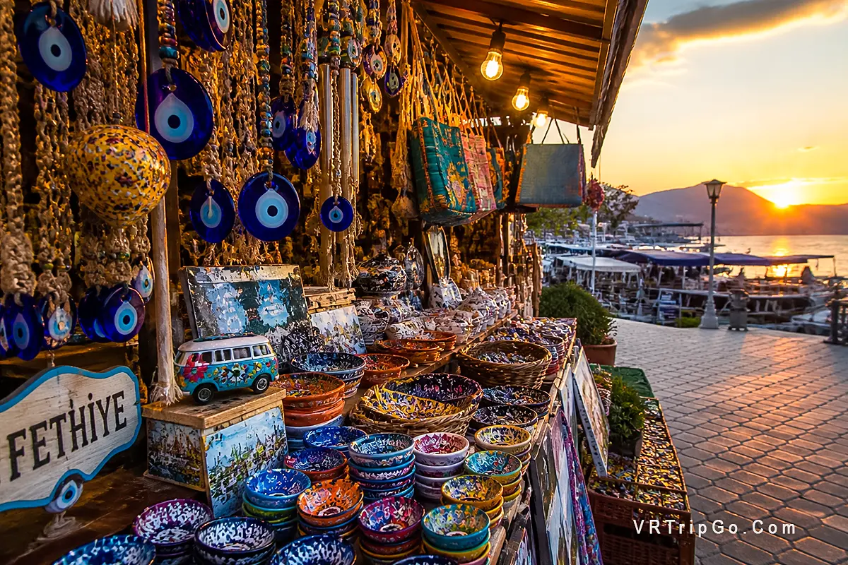 Traditional Turkish Souvenirs and Local Gifts in Fethiye Market at Sunset