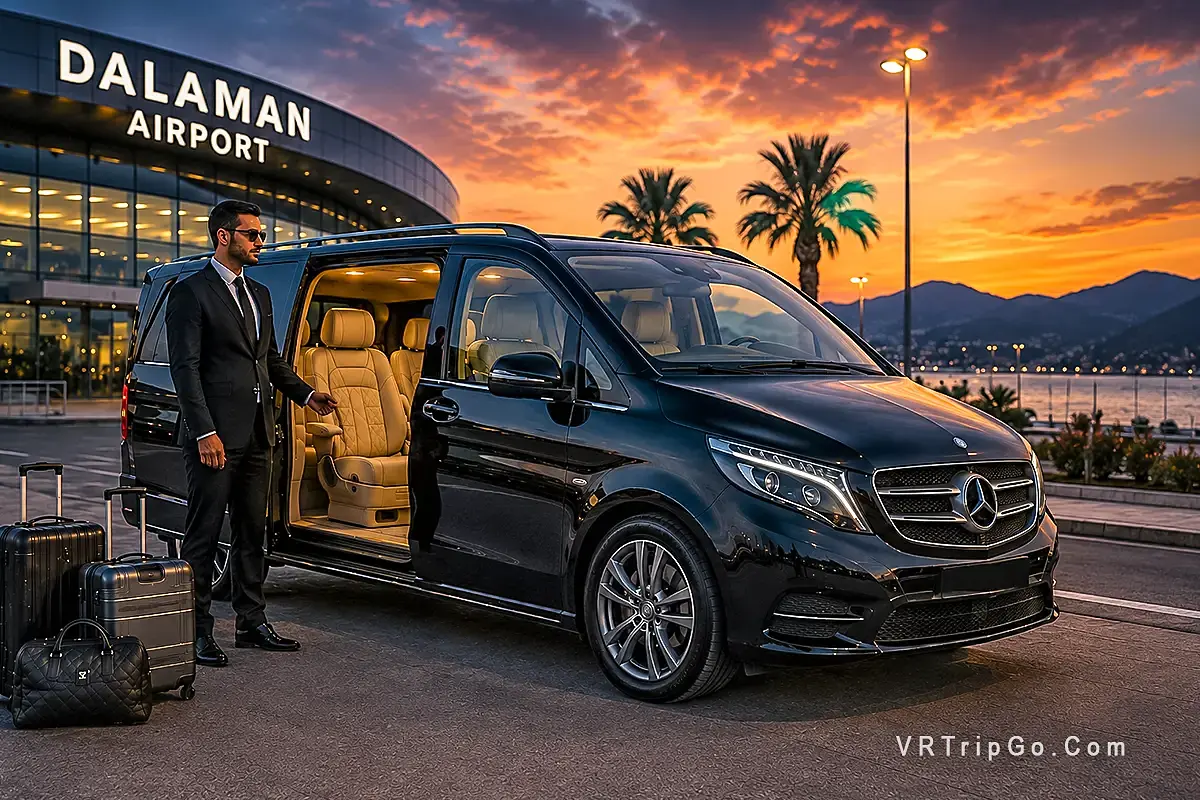 Fethiye Travel Guide luxury Dalaman Airport transfer with private Mercedes VIP van at sunset in Turkey
