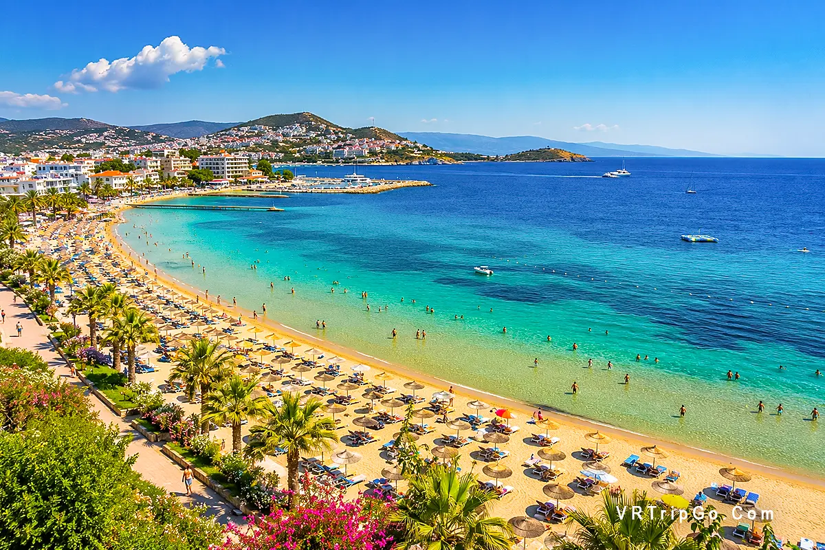 Best Beaches in Kusadasi turquoise Mediterranean coastline with sandy beach and panoramic seaside view in Turkey
