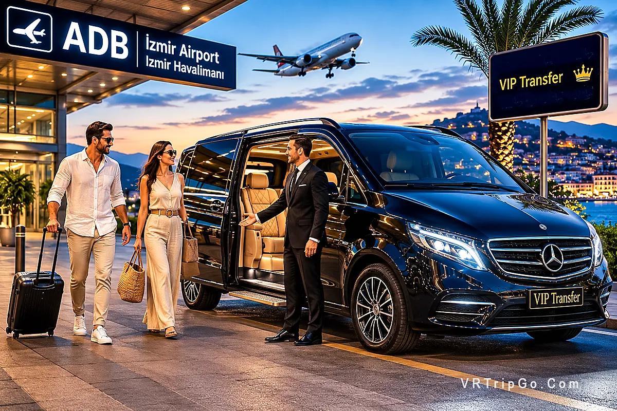 Luxury Izmir Airport to Kusadasi transfer with VIP black Mercedes van, private airport pickup and premium transportation service on the Aegean coast.