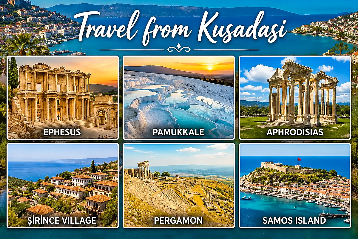 Travel from Kusadasi collage with Ephesus, Pamukkale, Aphrodisias, Sirince Village, Pergamon and Samos Island popular excursions from the Turkish Aegean coast.