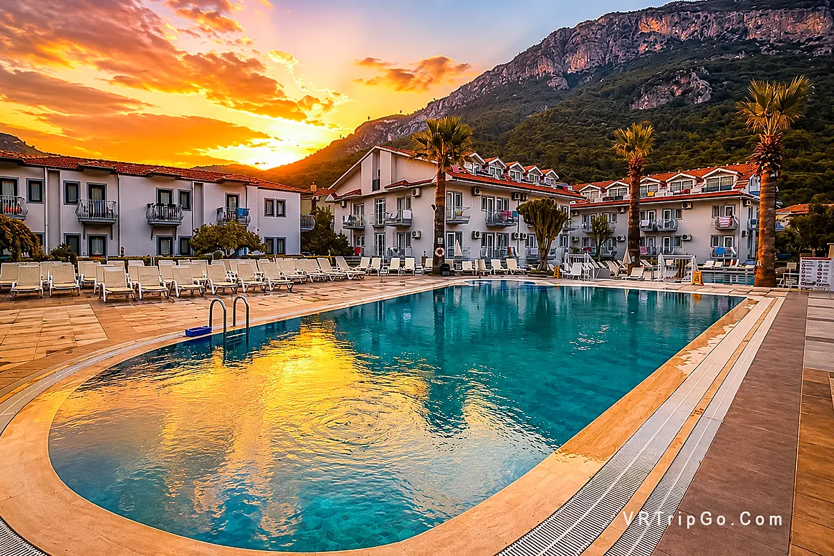 Luxury resort pool at sunset in Oludeniz with mountain views, modern accommodation and relaxing atmosphere near the Mediterranean coast.