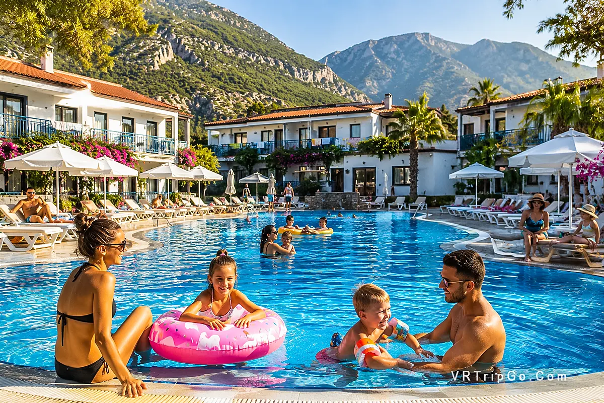 Best family hotels in Oludeniz with large swimming pool, children playing, family-friendly resort atmosphere and mountain views near the Mediterranean coast.