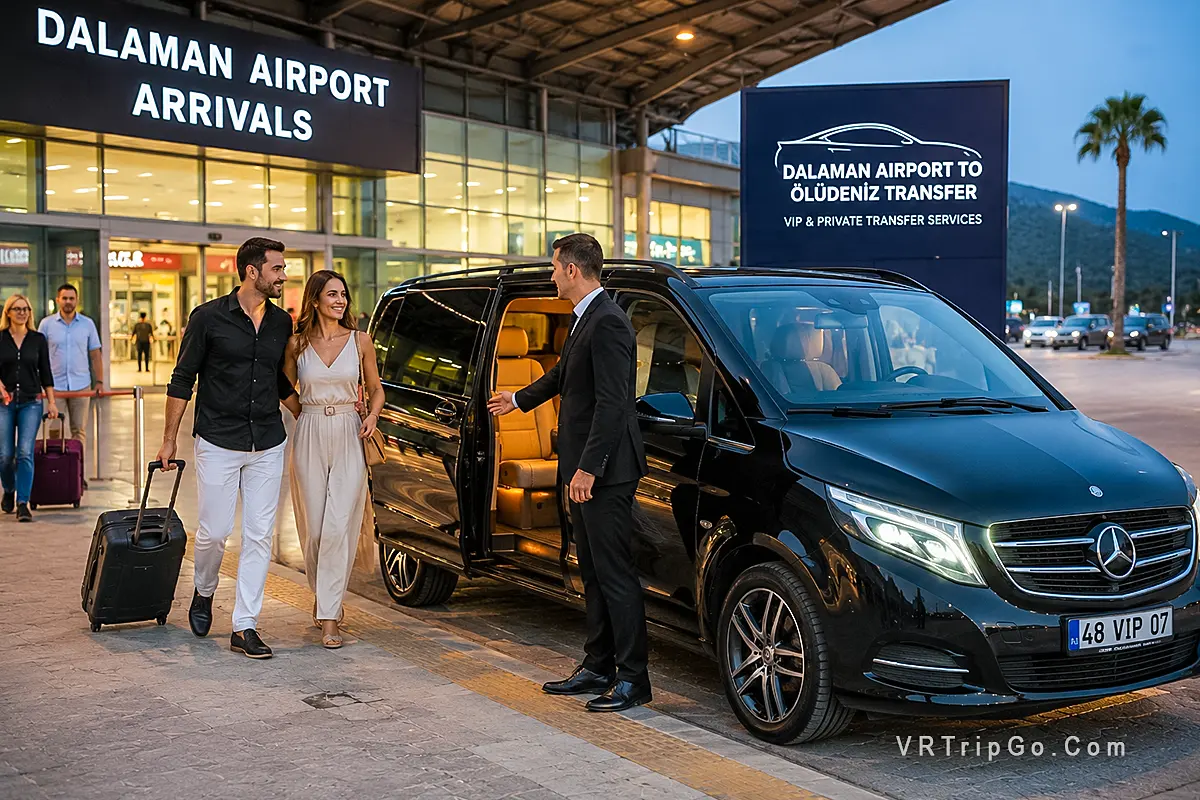 Luxury Dalaman Airport to Oludeniz transfer with VIP Mercedes van, private chauffeur service and travelers arriving for a premium Mediterranean holiday.