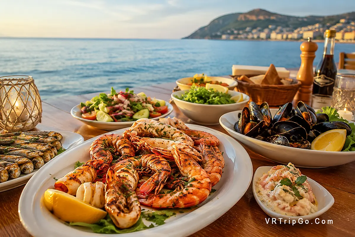 Fresh seafood in Alanya served at a seaside restaurant with grilled shrimp, mussels, fish and Mediterranean sunset view