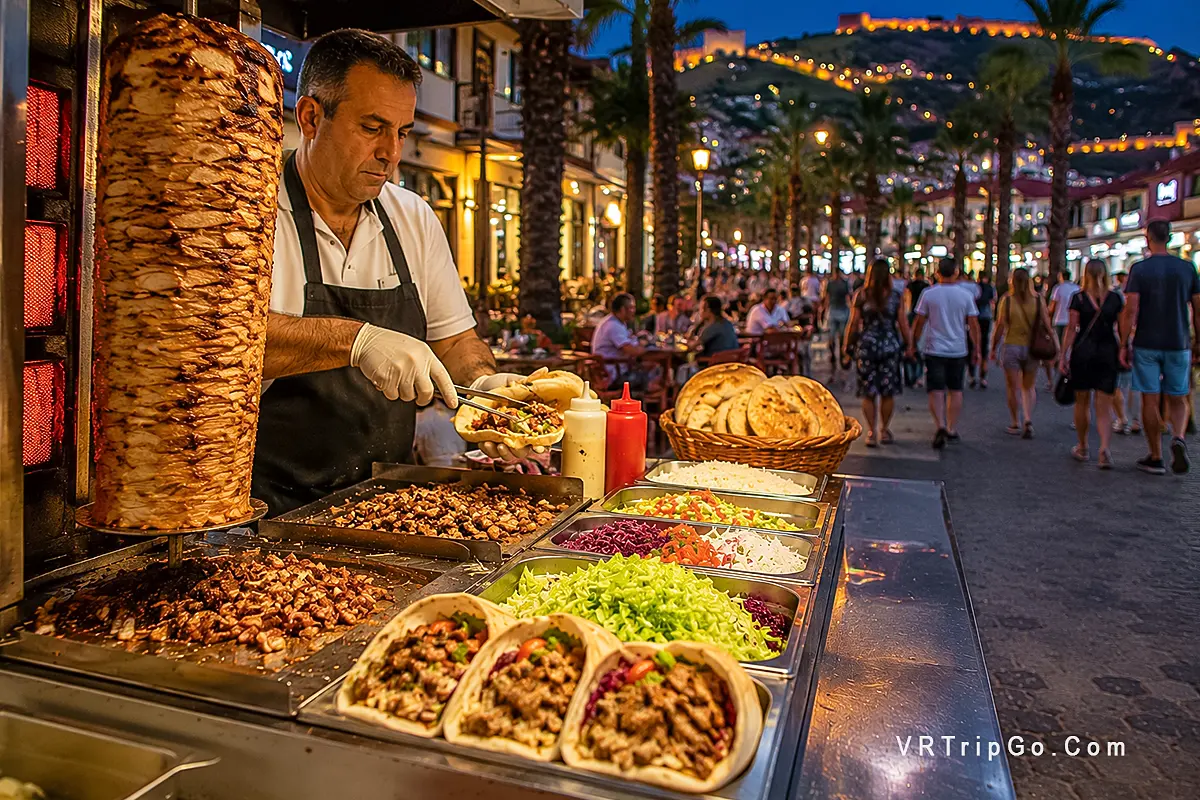 Street food in Alanya with Turkish doner kebab, local food stall, evening market atmosphere and traditional fast food on busy Mediterranean streets