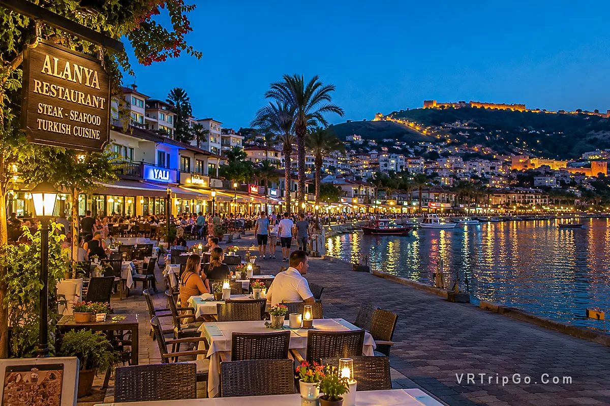 Best areas to eat in Alanya with waterfront restaurants, Turkish cuisine, lively promenade dining and Mediterranean evening atmosphere