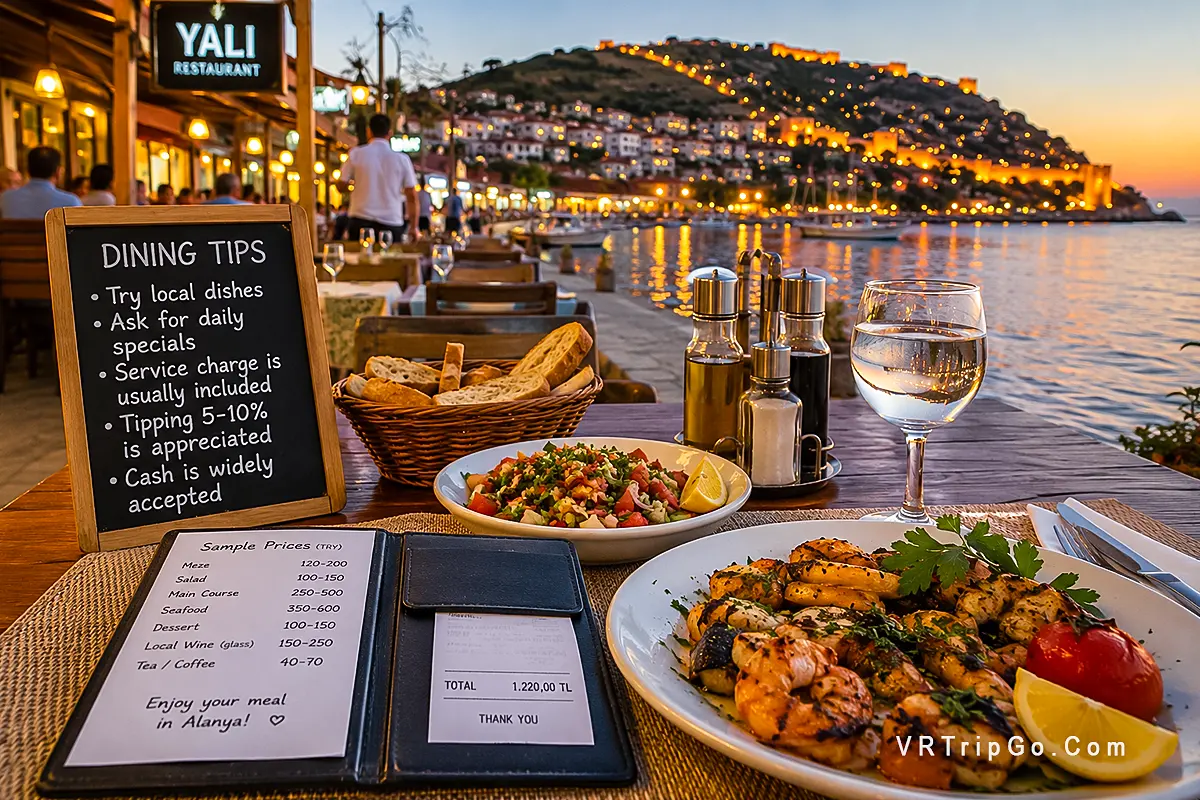 Prices and dining tips in Alanya with seaside restaurant table, Turkish food, local dining atmosphere and Mediterranean travel experience