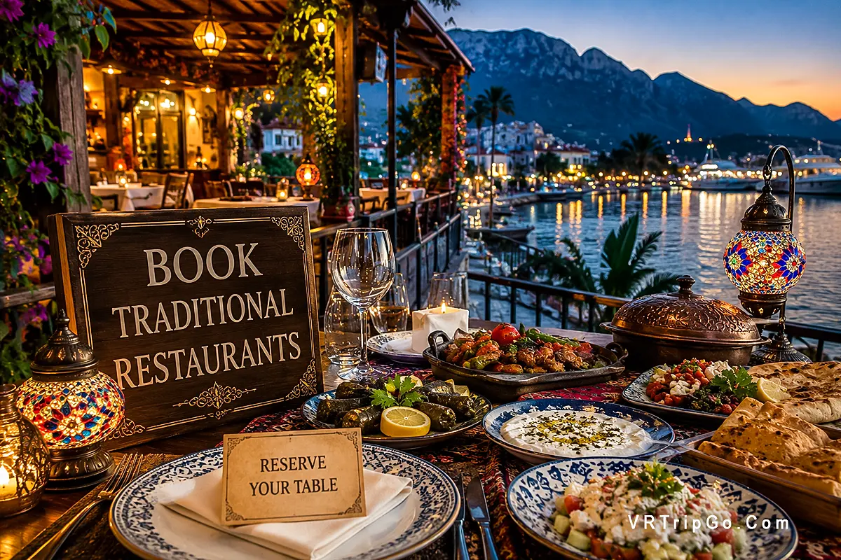 Book traditional restaurants in Kemer with authentic Turkish cuisine, romantic waterfront dining and luxury Mediterranean restaurant atmosphere