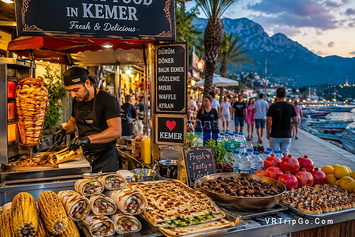 Street food in Kemer with Turkish doner kebab, local food market, seaside promenade atmosphere and authentic Mediterranean street dining experience
