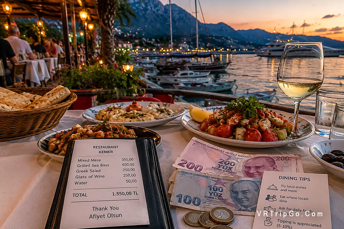 Prices and dining tips in Kemer with Mediterranean restaurant table, Turkish cuisine, marina sunset atmosphere and local travel dining experience