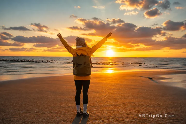 Best time to visit Side for beach holidays – person standing on sandy beach at sunset with golden sky, calm sea and warm evening light
