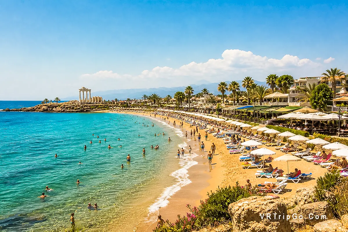 Side weather in autumn beach people walking calm sea warm sunlight Antalya Turkey