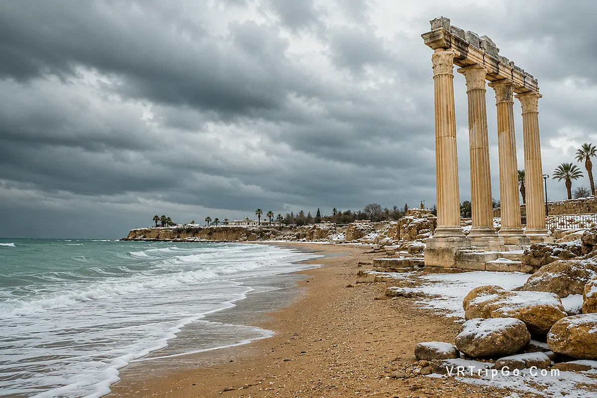 Side weather in winter beach promenade people walking mild sunny day Antalya Turkey