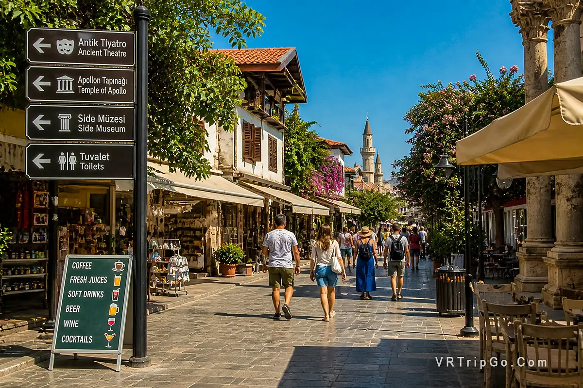 Travel tips for visiting Side old town street sign directions shops tourists walking sunny day Antalya Turkey