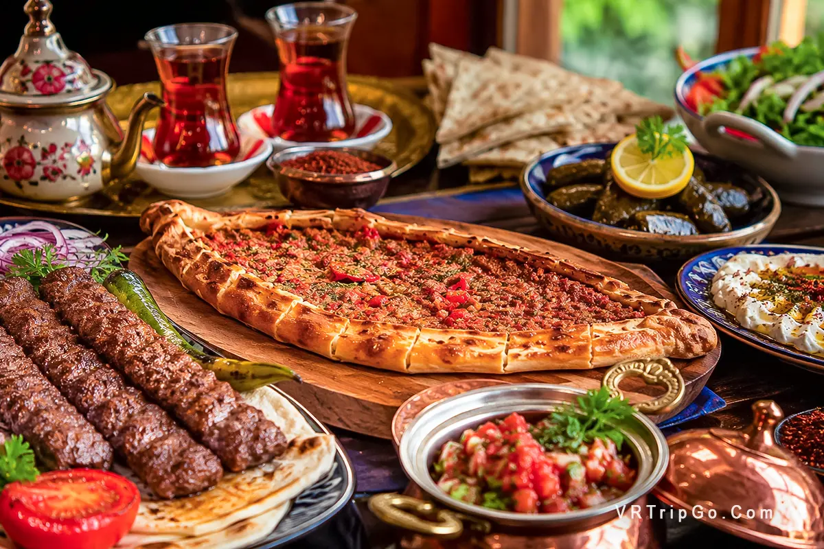Traditional Turkish food in Side with authentic kebabs, pide, meze dishes and cozy restaurant atmosphere near the Mediterranean coast