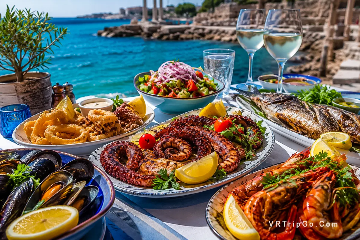 Fresh seafood in Side with grilled octopus, shrimp, mussels and Mediterranean sea view at a luxury seaside restaurant
