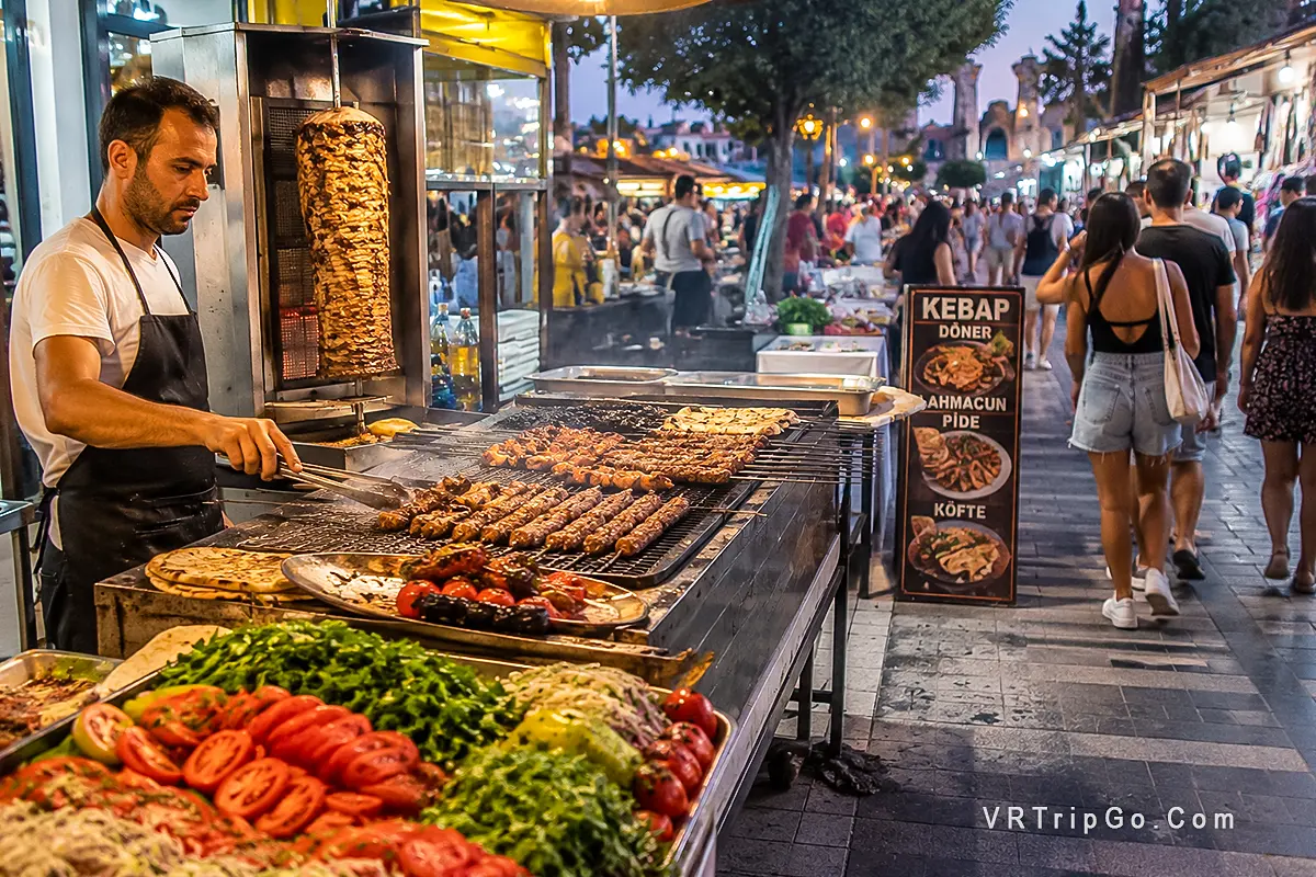 Street food in Side with authentic Turkish kebabs, grilled meat and lively evening market atmosphere near the old town