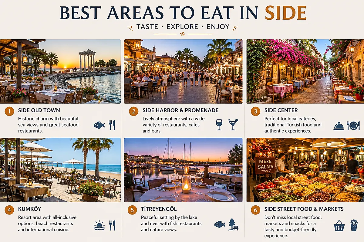 Best areas to eat in Side with seaside restaurants, traditional Turkish cuisine and lively Mediterranean dining atmosphere