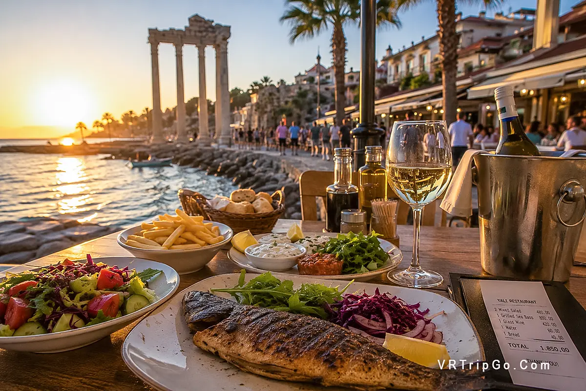 Best restaurants prices in Side with fresh seafood dinner, sunset seaside restaurant and elegant Mediterranean dining atmosphere