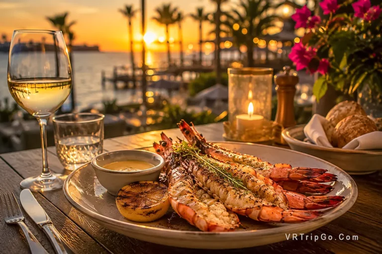 Luxury seafood dinner in Belek with grilled prawns, white wine, candlelight, and romantic sunset sea view at a beachfront restaurant