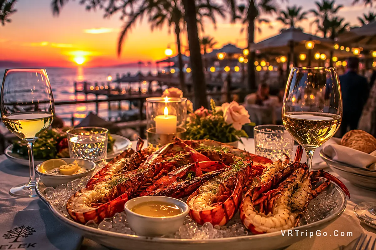 Luxury seafood dinner at one of the best restaurants in Belek with grilled lobster, white wine, candlelight, and romantic sunset sea view at a beachfront resort restaurant
