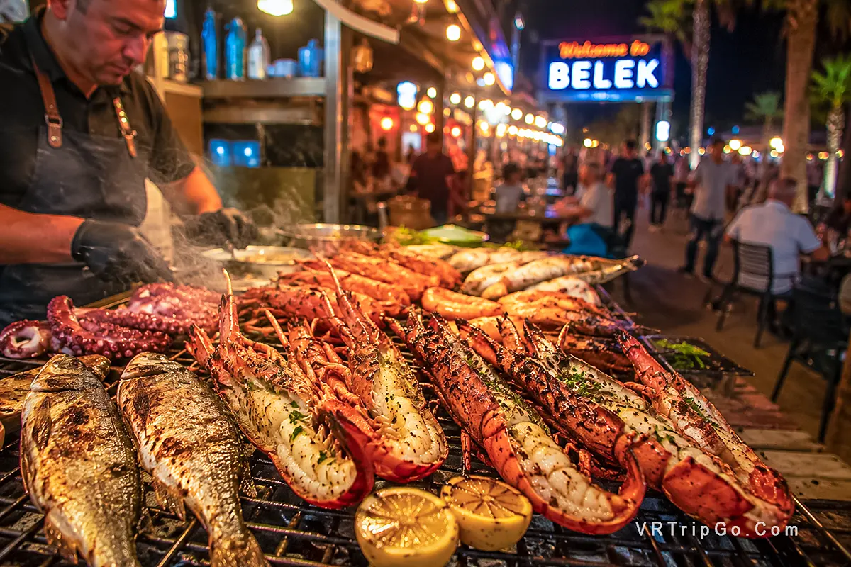 Street food in Belek with grilled seafood, fresh fish, lobster, and lively evening market atmosphere in a popular Turkish resort town