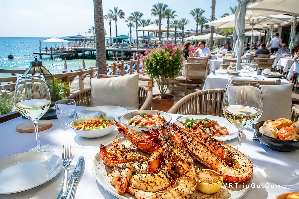 Best areas to eat in Belek with luxury beachfront restaurants, fresh seafood, Mediterranean cuisine, and sunny seaside dining atmosphere
