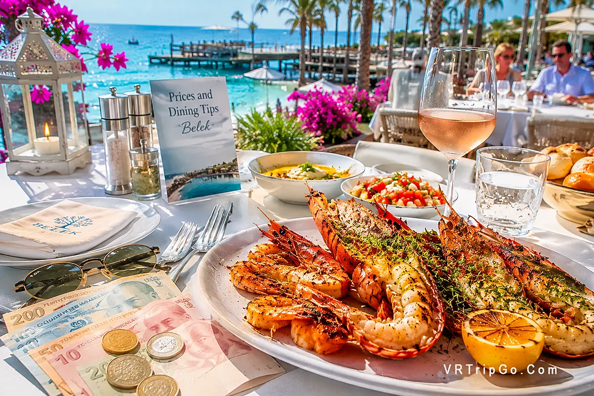 Prices and dining tips in Belek with luxury seafood restaurant, Turkish lira, wine, beachfront dining, and sunny Mediterranean resort atmosphere