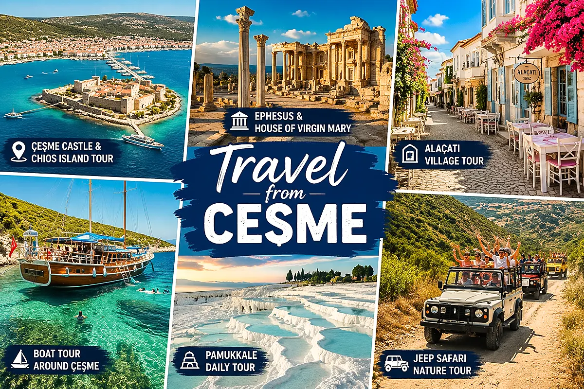 Travel from Cesme popular boat tours jeep safari Pamukkale and Ephesus excursions collage
